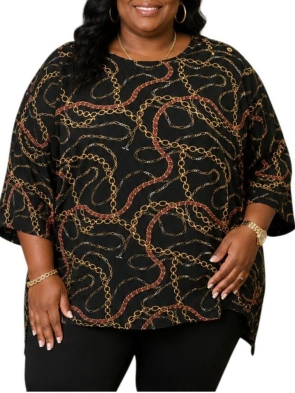Jessica London Plus Size 3X Top Black Chain Print Tunic 3/4 Sleeve Stretchy